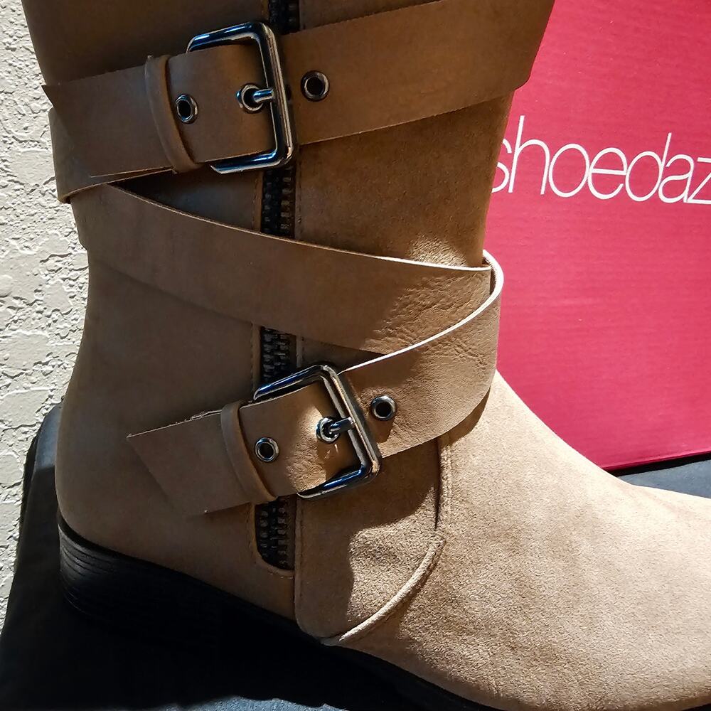 Moto Cecily Boots Women’s 8 Taupe Knee High Buckle Zip Faux Suede New Y2K Winter - Picture 11 of 13